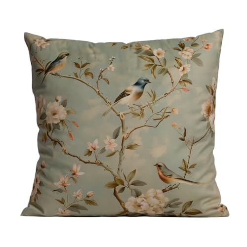 Vintage Chinoiserie Velvet Pillow Cover, 18x18 inches – Bird Floral Design