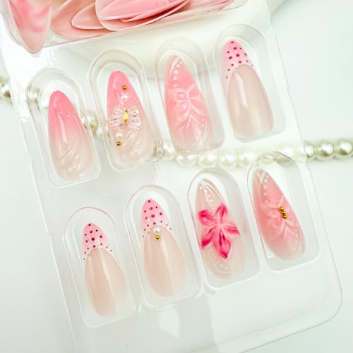 Pink French Almond Press on Nails 3D Butterfly Reusable Acrylic Nails