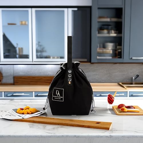 DAROSS Insulated Canvas Drawstring Lunch Bag - Foldable Bento Tote, Black