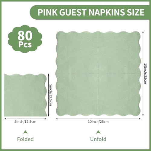 80 Sage Green Scalloped Cocktail Napkins | 2-Ply Disposable Paper Napkins for Parties