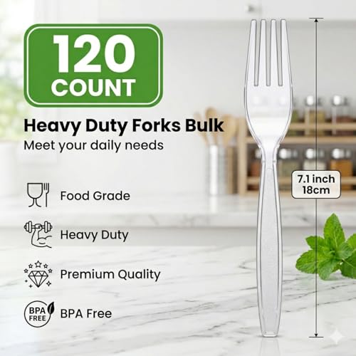 Fracurs 120 Count Heavy Duty Plastic Forks, 7.1" Premium Disposable Cutlery