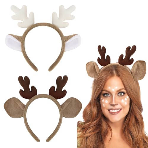 BAHABY Reindeer Antlers Headband 2 Pack Plush Faux Fur Deer Ears