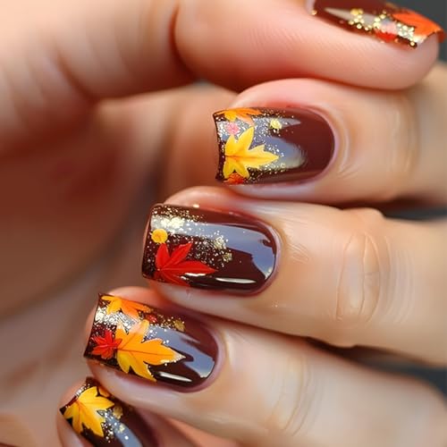 Maple Leaf Short Square Press on Nails Thanksgiving Acrylic False Nails 24Pcs