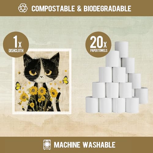 Morigins Cat Swedish Dishcloths - Biodegradable & Reusable Kitchen Towels