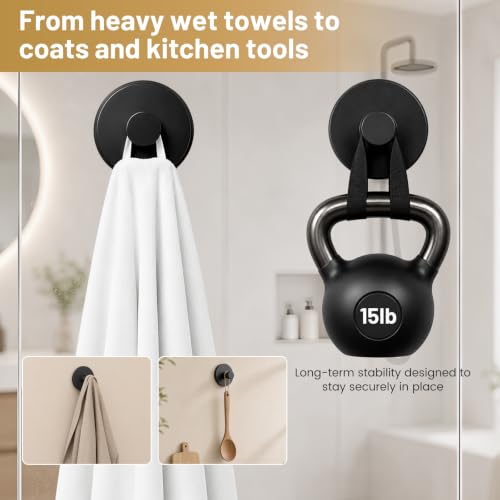 Black Suction Cup Shower Hooks, 15 lb Heavy Duty No Drill Towel Hangers (2 Pack)