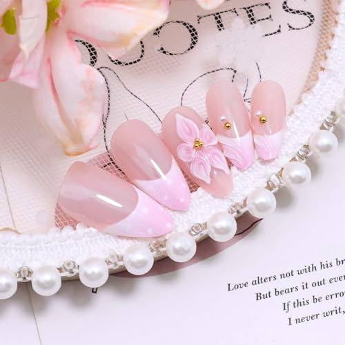 French Tip Press on Nails Medium Almond 3D Flower Pearl Glossy False Nails