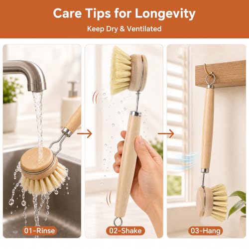 DEBETOOL Bamboo Dish Brush Set with 4 Sisal & Palm Fiber Heads