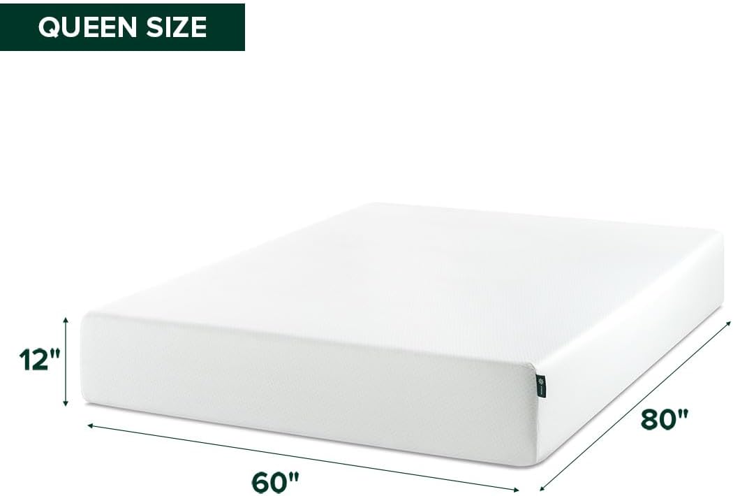 Zinus 12 Inch Queen Green Tea Memory Foam Mattress - Medium Firm, Zoned Pressure Relief, Fiberglass Free