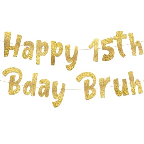 Pre-Strung Gold Glitter 15th Birthday Banner - Fun Party Decoration