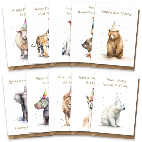 Birthday Greeting Card Multipack Set - 10 Watercolor Animal Designs, Blank Inside with Envelopes