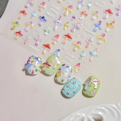 5D Embossed Mushroom Nail Art Stickers Colorful Summer Manicure Decals
