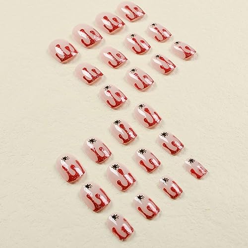 HOXIEYA Halloween Press on Nails Red Blood Spooky Spider Fake Nails Square