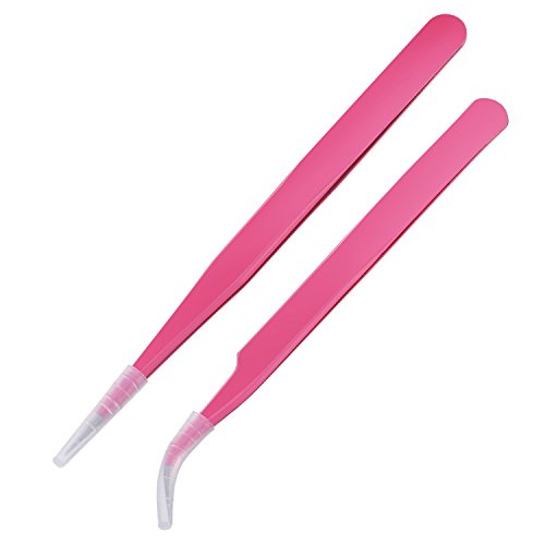 Hotop Eyelash Extension Tweezers Set - Straight and Curved Stainless Steel False Lash Application Tools with Storage Bag, Pink