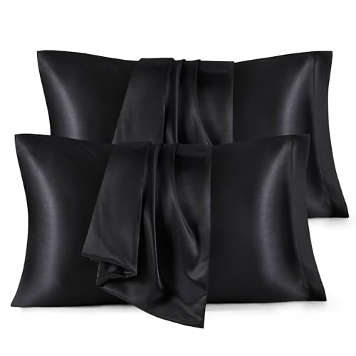 Bedsure Satin Pillowcase Set of 4 - Silky Black Pillow Covers for Hair & Skin, 20" x 26"