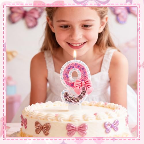 Pink Bow Number 2 Birthday Candle Glitter Cake Topper for Girls Party