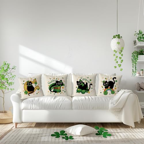 St. Patrick's Day Pillow Covers 18x18 Inch Set of 4 - Black Cat Decor