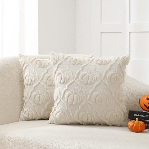 VAKADO Halloween Pumpkin Pillow Covers, 18x18 Cream Velvet Set of 2