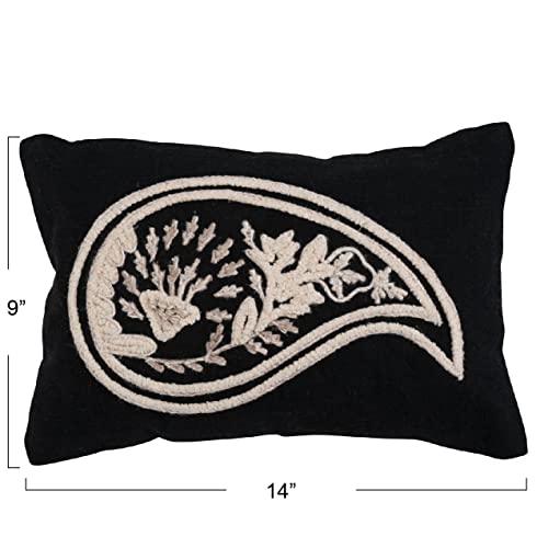 Woven Cotton Lumbar Pillow with Embroidered Paisley Design - 14x9 Inches