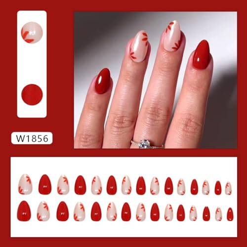 MIXFOSAHN Short Almond Press on Nails Red White Floral False Nails 30 Pcs