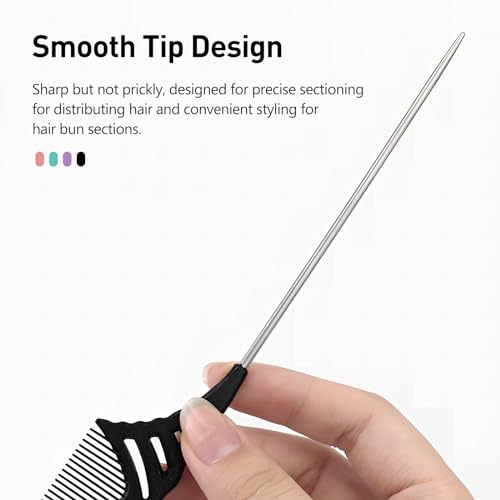 Kootinn 4 Pcs Rat Tail Comb Set with Metal Needle Stem for Hair Styling