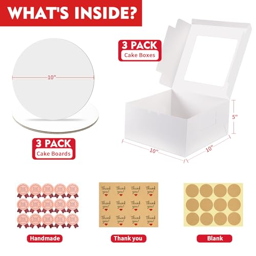 Disposable Cake Boxes - 3 Pack, 10x10x5 Inch with Clear Window