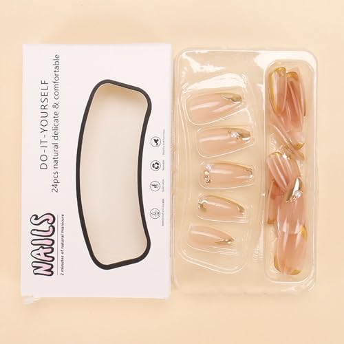 Almond Press on Nails Gold French 3D Pearl Acrylic Fake Nails 24 Pcs