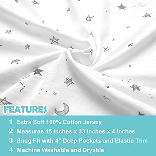 Gray Stars and Moons Fitted Bassinet Sheet 15x33in 100% Cotton Jersey Knit - American Baby Company