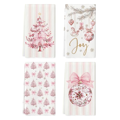 Pink Porcelain Christmas Kitchen Towels Set of 4 18x26 Inches - Artoid Mode