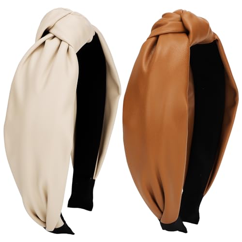 Wecoe 2 Pack Knotted PU Leather Headbands for Women Wide Non-Slip Hair Bands