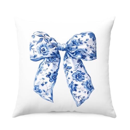 Chinoiserie Bow Pillow Cover 18x18, Grandmillennial Blue and White Decor