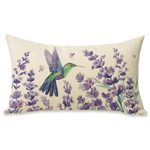 Fahrendom Purple Hummingbird Floral Lumbar Pillow 20" x 12"