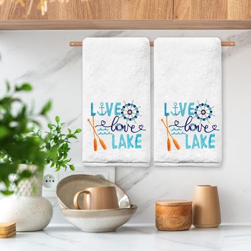 Embroidered Lake House Hand Towels Set of 2 - Soft Cotton, 14x30 Inches