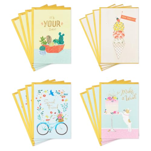 Hallmark Assorted Birthday Cards for Her - French Bulldog, Cactus, Bicycle, Ice Cream - 16 Pack