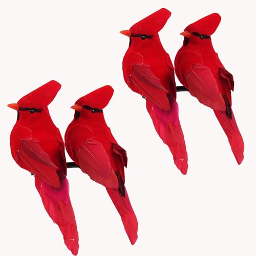 4pcs Red Cardinal Birds Christmas Ornaments with Clips for Tree Wreath Floral Home Decor
