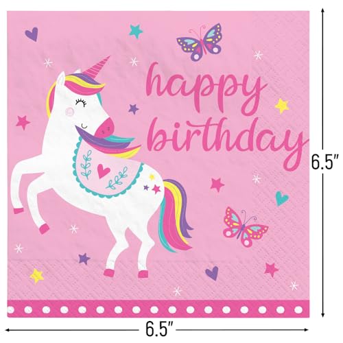 Unicorn Birthday Napkins - 16 Pack, Soft 3-Ply, 6.5"
