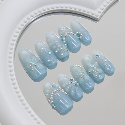 Blue Floral Press on Nails Medium Almond Fake Nails with Rhinestone