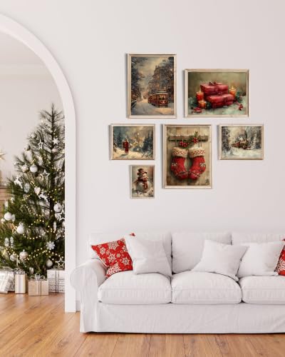 Christmas Wall Art Decor Set of 6 - Unframed Retro Santa Claus Prints, 14x11 Inches