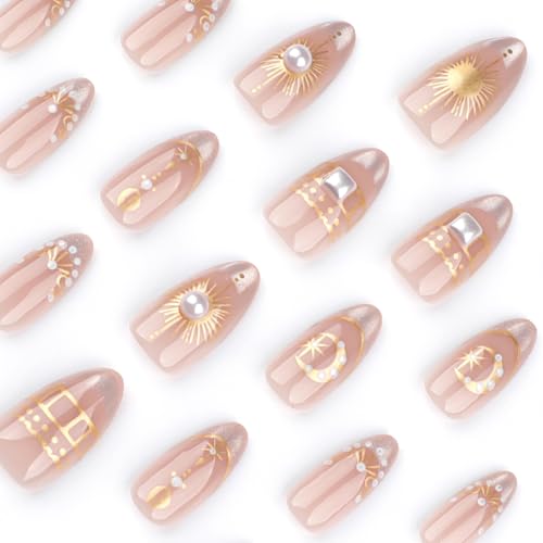 Gold Star Moon Press on Nails Short Almond False Nails 24Pcs
