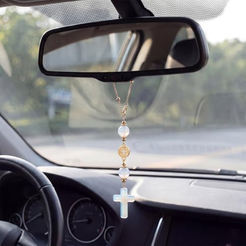 Heran Crystal Cross Car Rear View Mirror Ornament - Moonlight Blue