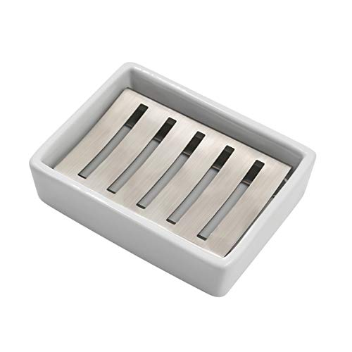 TOPSKY White Ceramic Soap Dish Holder with Stainless Steel Tray