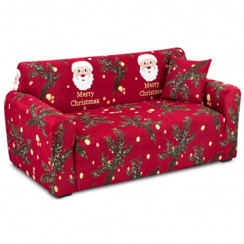 Christmas Sofa Cover - 4 Seats Santa Claus Print Slipcover with Elastic Bottom