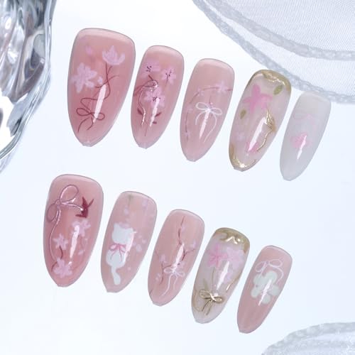 Pink Flower Press on Nails Medium Almond Cat Eye Glitter False Nails