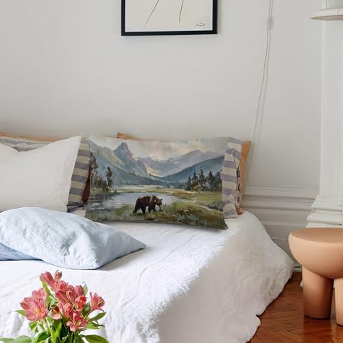 AJIPUX Rustic Bear Log Cabin Throw Pillow Cover 20x12 Inches for Couch Sofa Bed