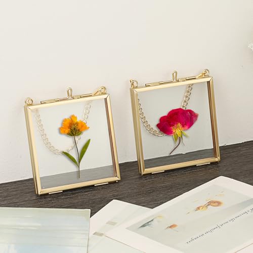 JUXYES 2.8" Hanging Mini Double Glass Picture Frame - Gold, 2 PCS