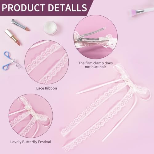 White Lace Hair Bow with Long Tail - Coquette Hair Clip Pair