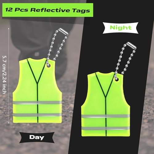 12 Pcs Reflective Keychain Tags Vest Shape Glow in The Dark Keychain Safety Reflector Pendant for Zippers Backpack Dog Collar Bags Walking Running Cycling