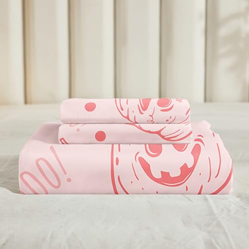 Chumerry King Size Pink Halloween Duvet Cover Set with Ghost & Pumpkin Print