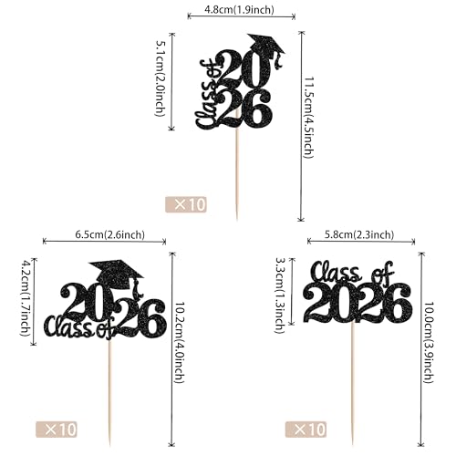 2026 Graduation Cupcake Toppers - 30 PCS Glitter Cake Picks