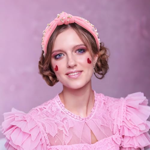 CURASA Valentine's Day Pink Pearl Rhinestone Knot Headband for Women