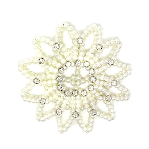 Honbay Pearl Rhinestone Hair Bun Cover Elastic Crochet Net - White